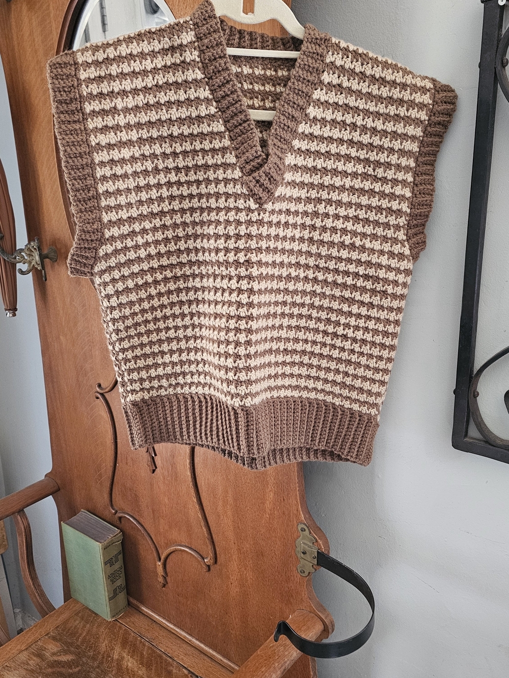 Hand Knotted Brown Cream Striped Chunky Knit Oversized Sweater Vest V Neck